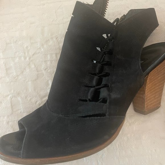 Paul Green Women's 7.5 Black Leather Cage Block Heel Peep Toe Booties - Picture 3 of 4